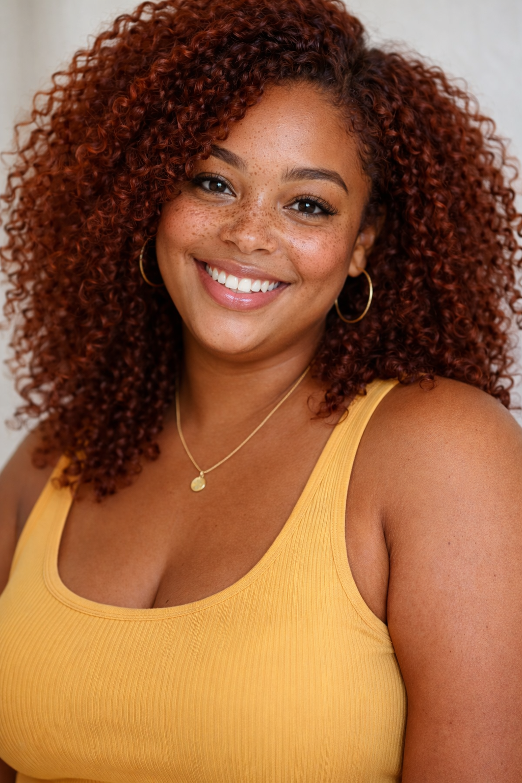 Beautiful Black woman with curly hair and freckles smiling radiantly